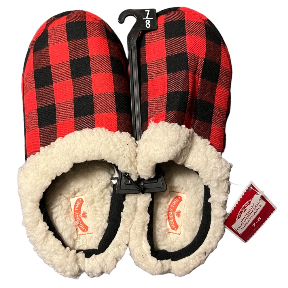Warm women’s slippers red plaid, rubber souls, indoor/outdoor